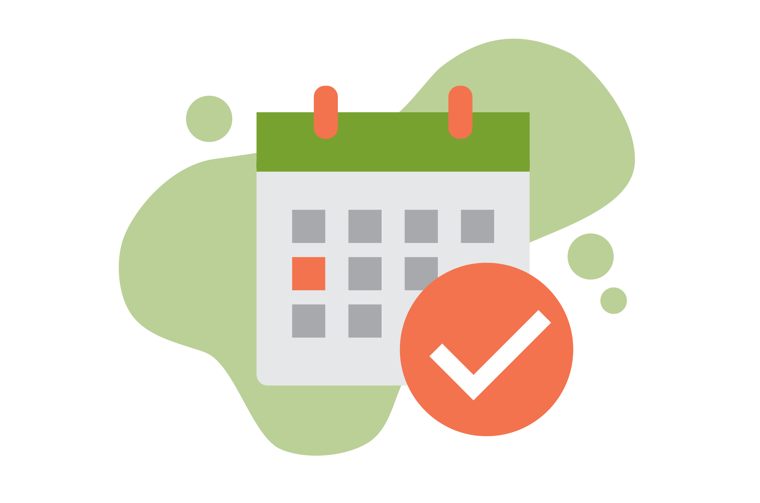 Illustration of a calendar with one date highlighted and a large checkmark icon, symbolizing a scheduled event, confirmed appointment, or important date.