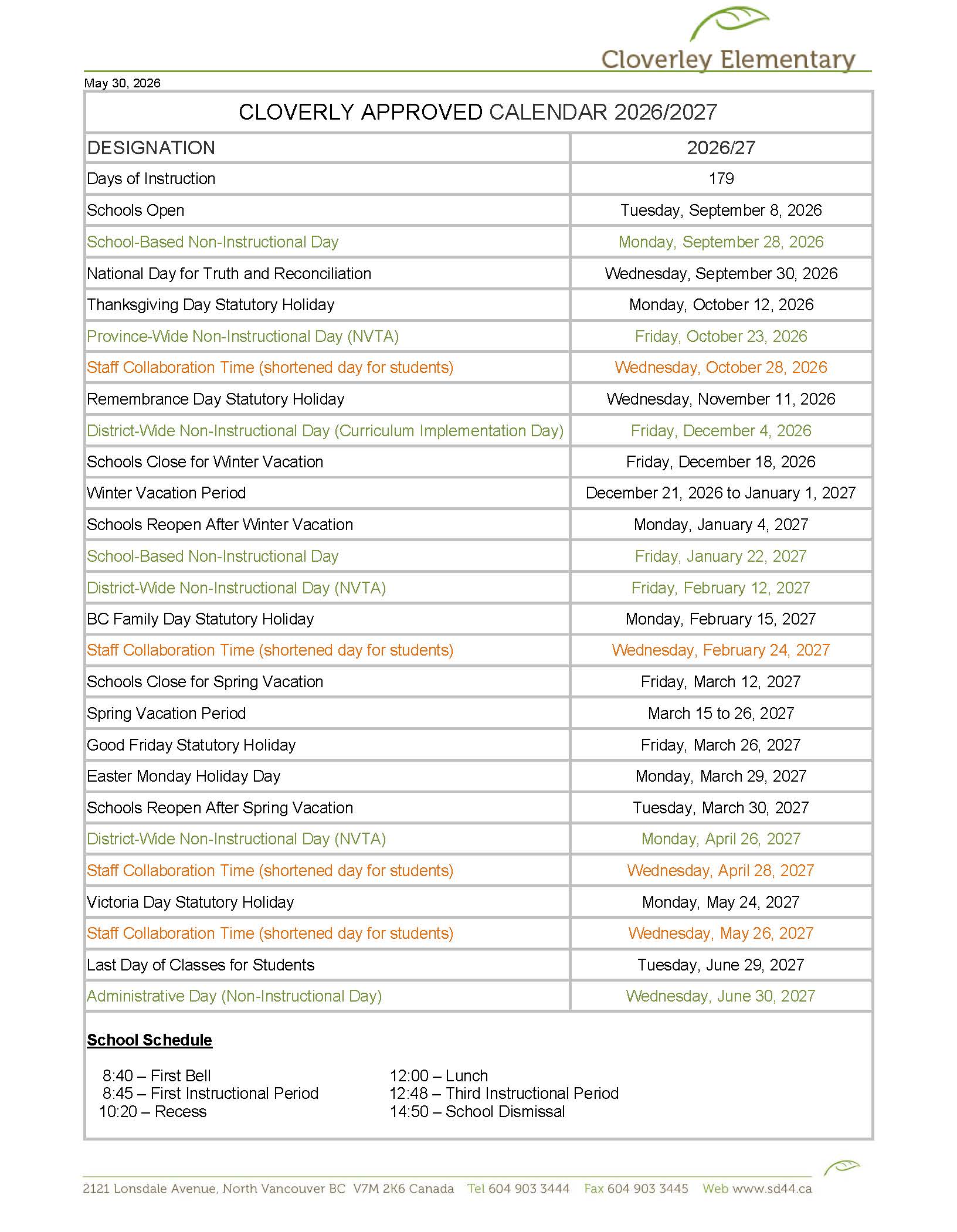 2026-2027 Cloverley Approved Calendar