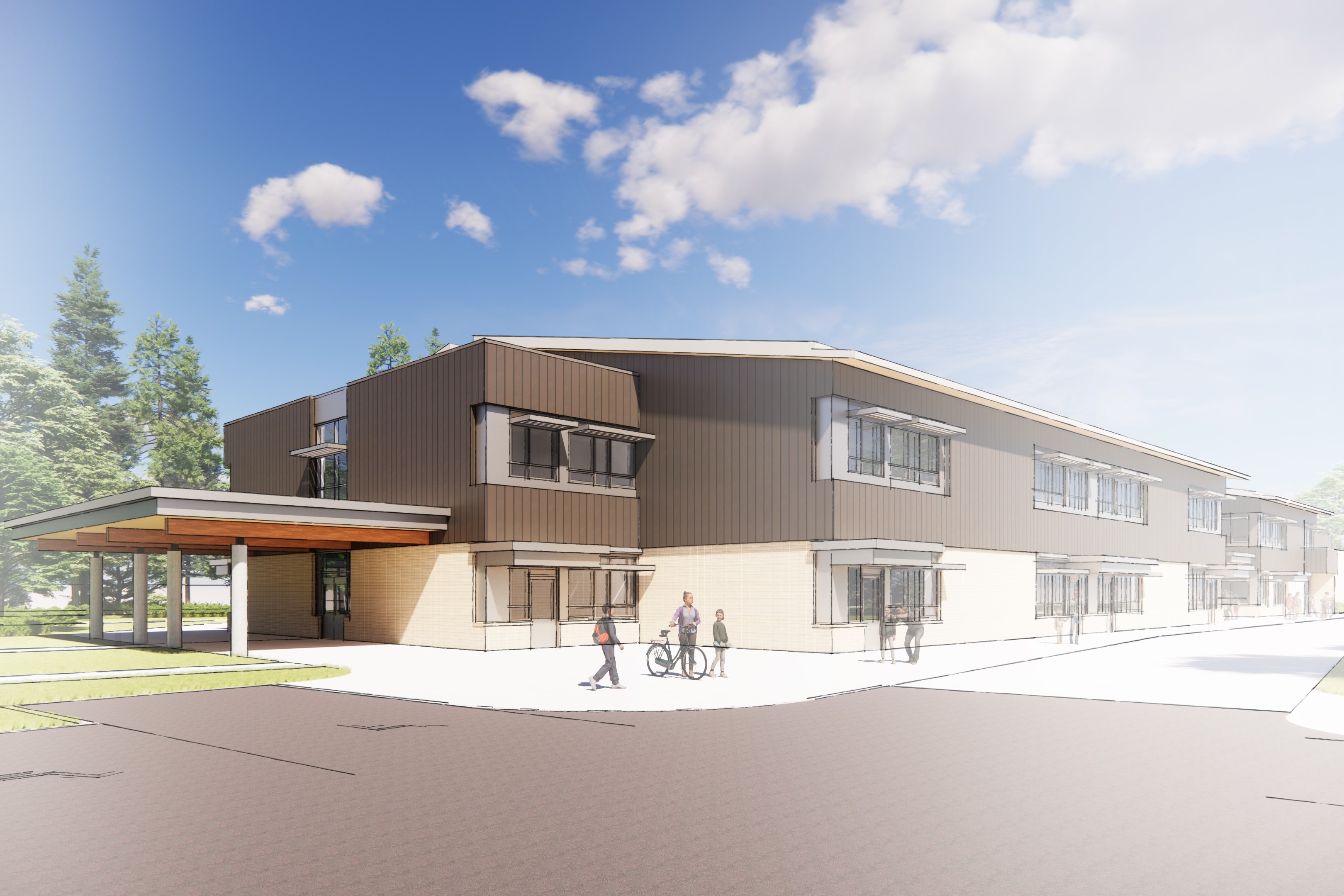 Architectural rendering of a two-storey building with brown and cream exterior panels, large windows, and a covered entrance. A few people walk and stand nearby. Set against trees and a blue sky with scattered clouds.